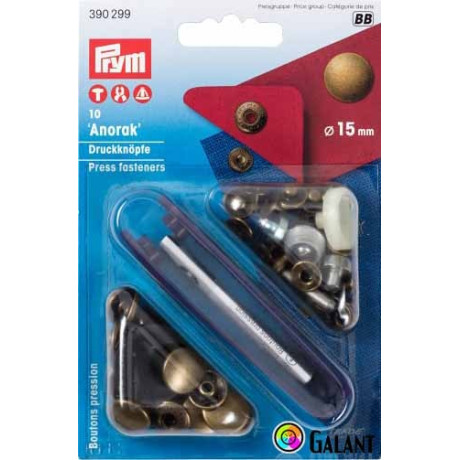 Press fasteners ANORAK 15mm - old brass (Prym) - 10pcs/card