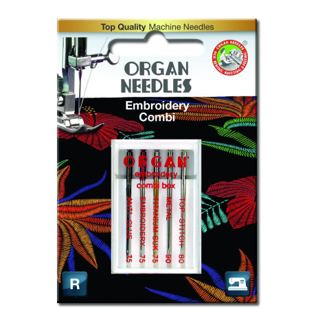 Strojové jehly ORGAN EMBROIDERY COMBI BOX - 130/705H - 5ks/plastová krabička/karta