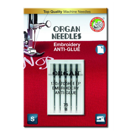 Machine Needles ORGAN EMBROIDERY ANTI-GLUE 130/705H E-LP - 75 - 5pcs/plastic box/card