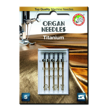 Machine Needles ORGAN TITANIUM 130/705H - Assort - 5pcs/plastic box/card (75:2, 80:2, 90:1pcs)