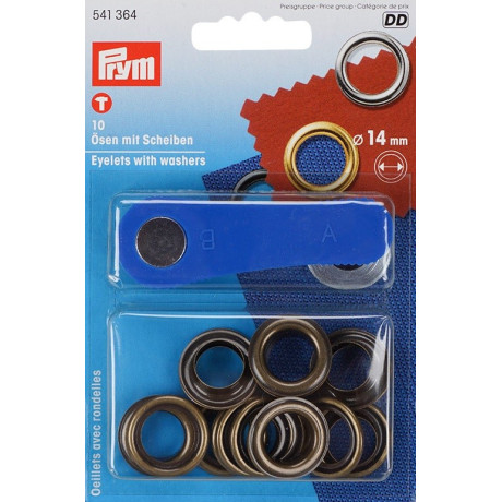 Brass Eyelets with washers 14mm - old brass (Prym) - 10pcs/card