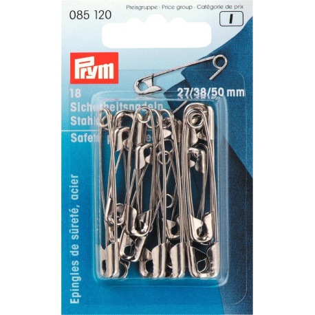 Mild Steel Safety Pins 27-38-50mm - c.silver (Prym) - 18pcs/card