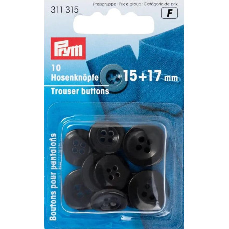 Trouser buttons 15 + 17 mm black (Prym) - 10pcs/card