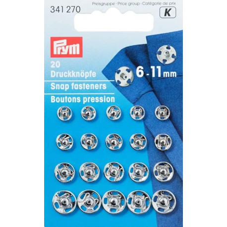 Brass Snap Fasteners - 6-11 mm silver (Prym) - 20 pcs/card