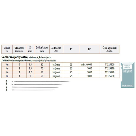 Sedlářské jehly ostré 1 (1,3x70) - 25ks/psaníčko, 40psaníček/krabička (1000ks)