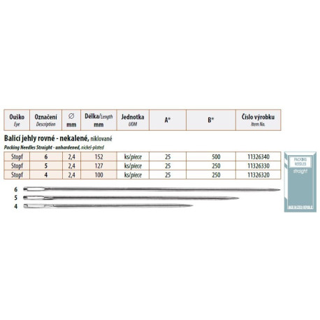 Balicí jehly rovné - nekalené 5 (2,4x127) - 25ks/psaníčko, 10ps/krabička